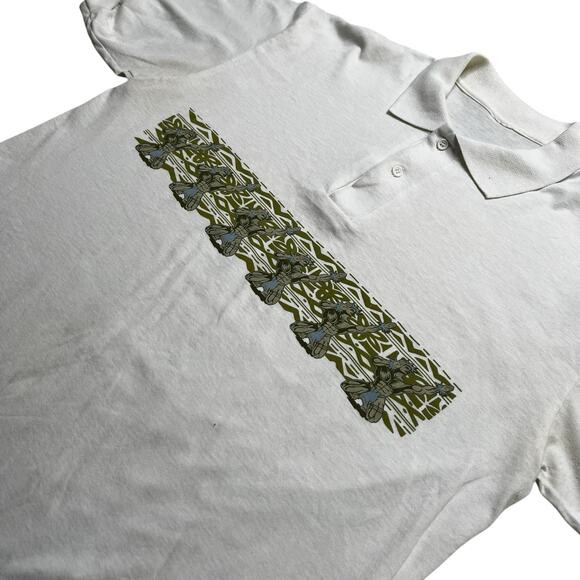 Vintage Hawaiian Fishermen Graphic Polo Shirt Gray Short Sleeve Sz M / L  Tribal - Picture 8 of 10